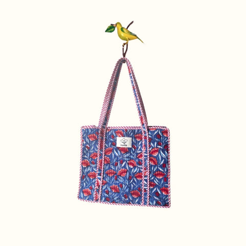 Petit tote bag fermeture Block print " Blue Poppy Crush"