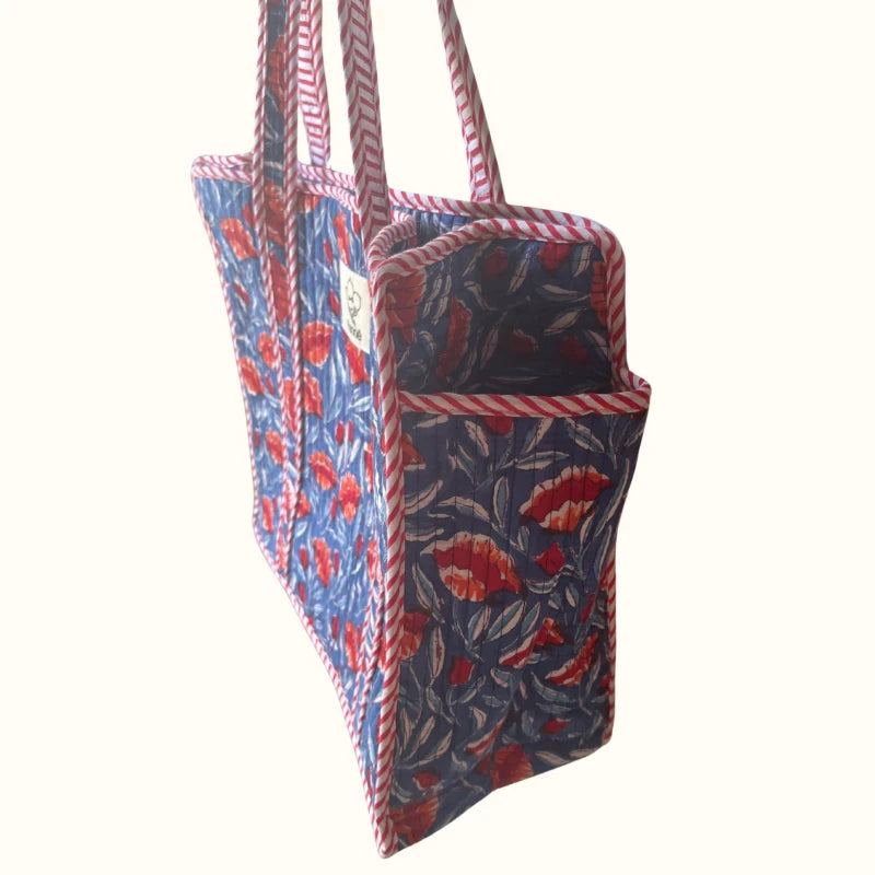 Petit tote bag fermeture Block print " Blue Poppy Crush"