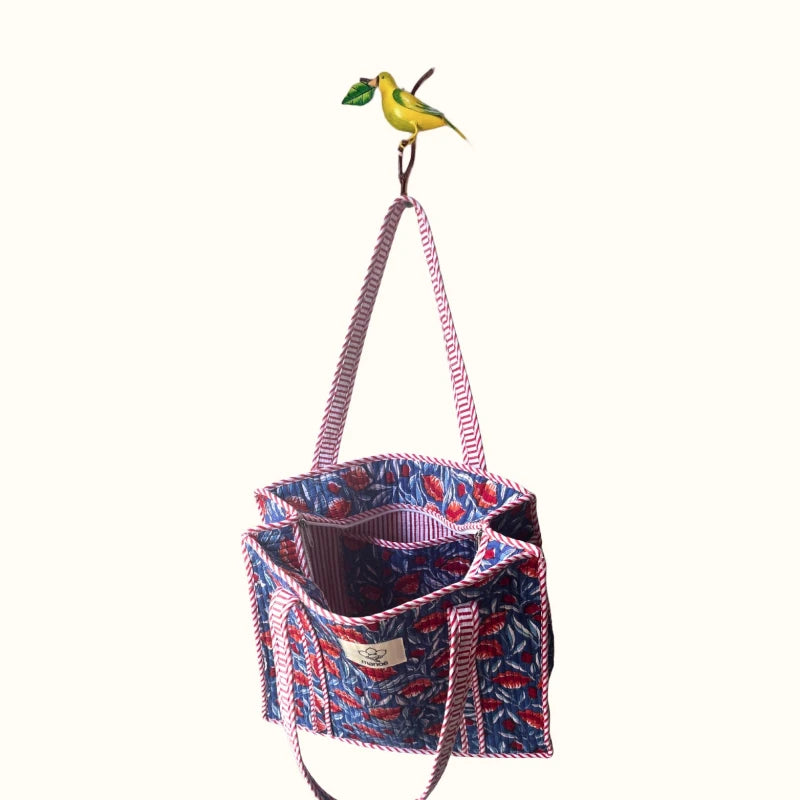 Petit tote bag fermeture Block print " Blue Poppy Crush"