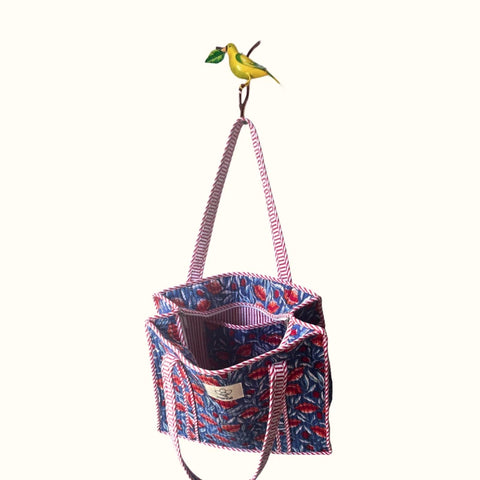 Petit tote bag fermeture Block print " Blue Poppy Crush"