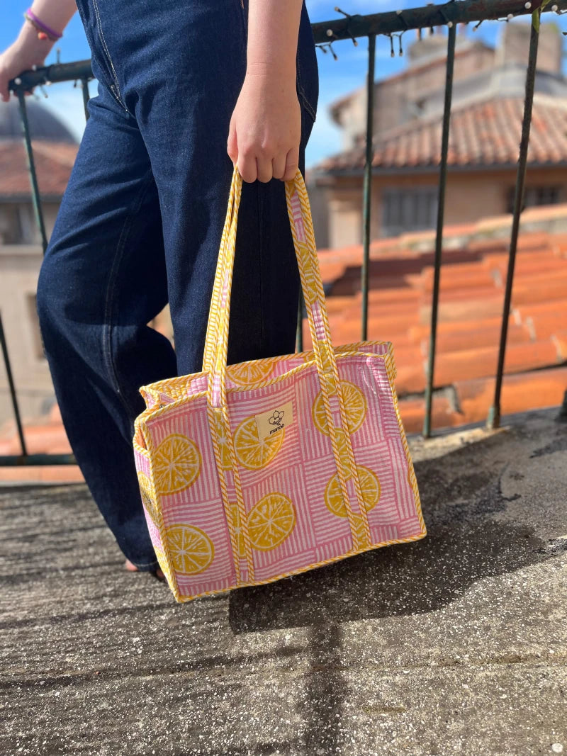 Petit tote bag fermeture Block print "Sun and Lemonade"