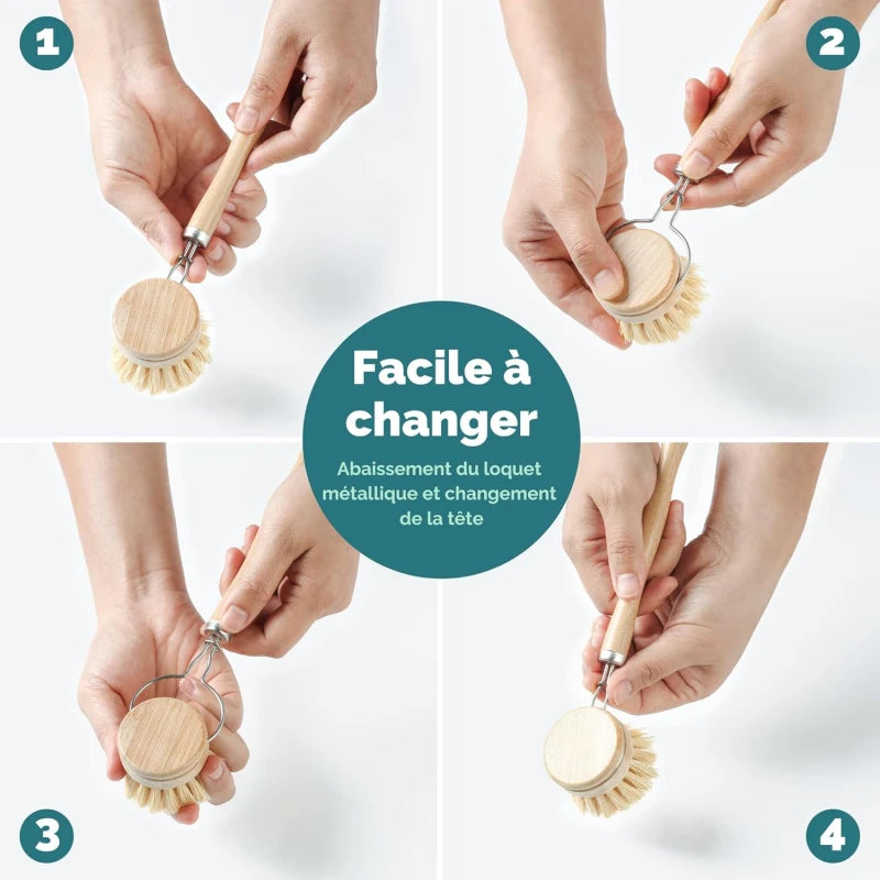 Tête interchangeable pour brosse à vaisselle en bambou réutilisable