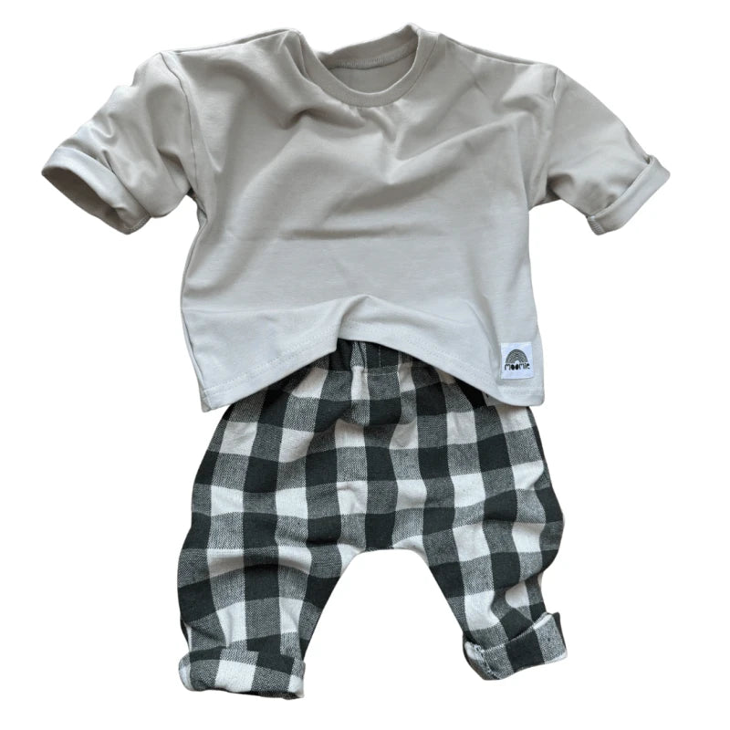 Pantalon bébé carreaux kaki en toile de coton