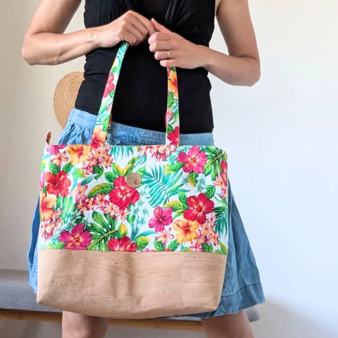 Sac cabas 'ete liège et tissu polynésien - Jardin fleuri