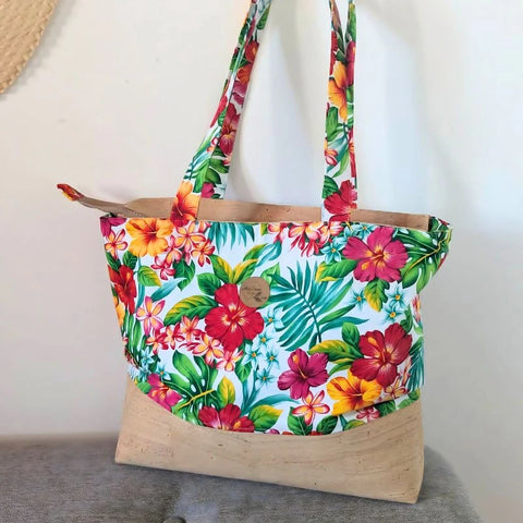 Sac cabas 'ete liège et tissu polynésien - Jardin fleuri