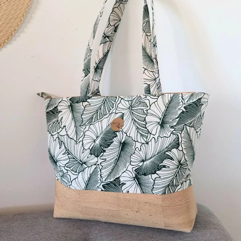 Sac cabas 'ete liège et tissu polynésien - Vert feuilles