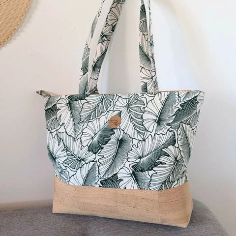 Sac cabas 'ete liège et tissu polynésien - Vert feuilles