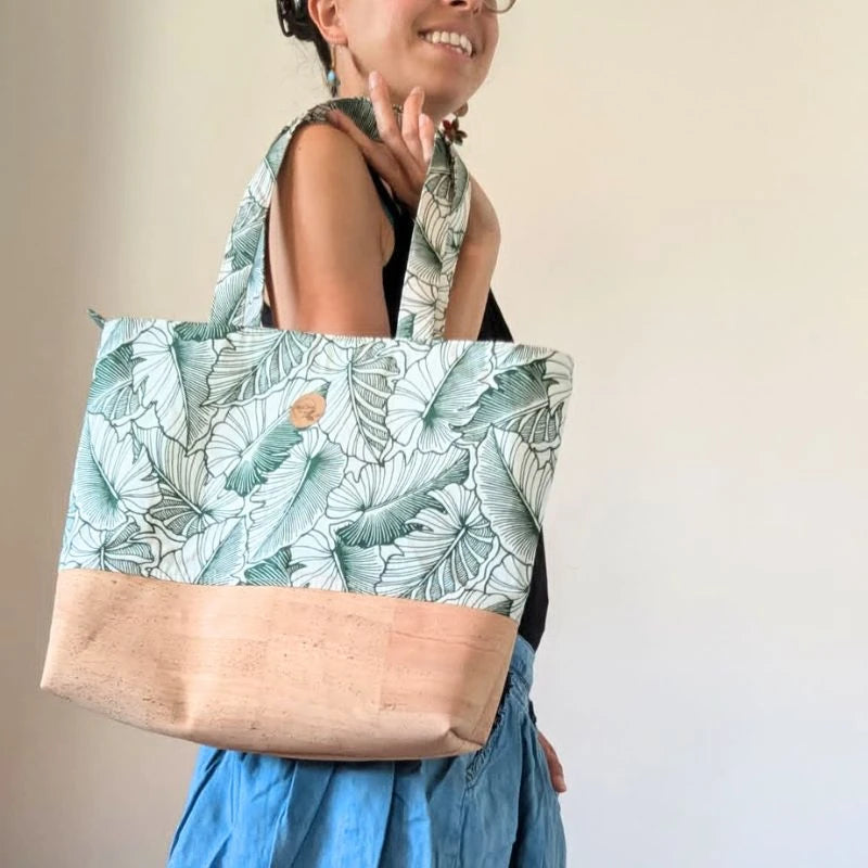 Sac cabas 'ete liège et tissu polynésien - Vert feuilles