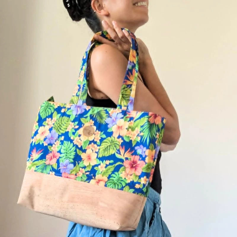 Sac cabas 'ete liège et tissu polynésien - Nuit tropicale