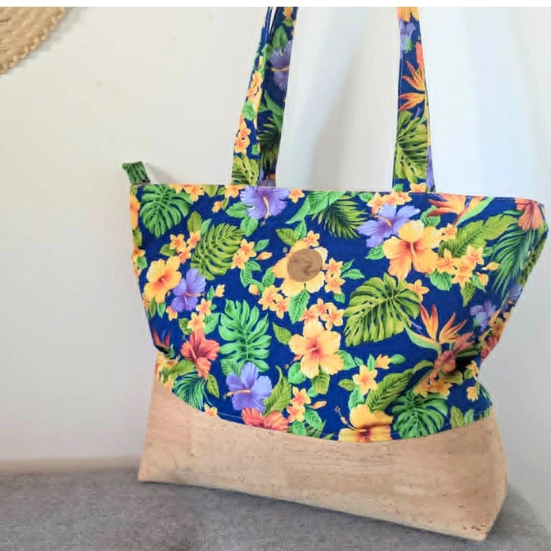 Sac cabas 'ete liège et tissu polynésien - Nuit tropicale