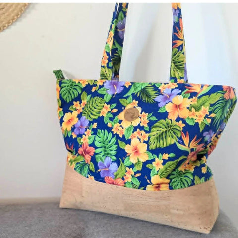 Sac cabas 'ete liège et tissu polynésien - Nuit tropicale