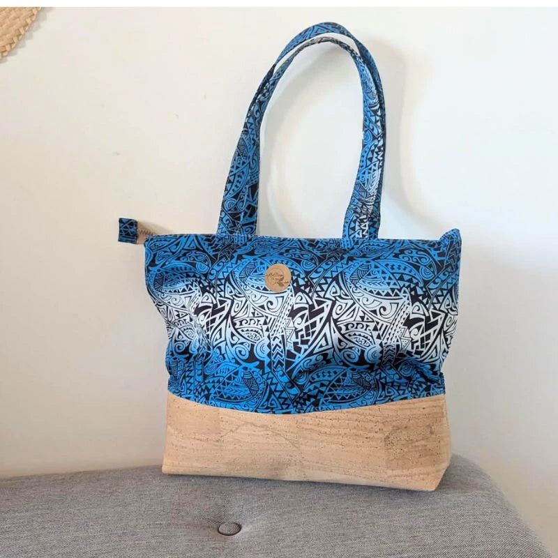 Sac cabas 'ete liège et tissu polynésien - Bleu tatau