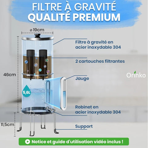 Filtre à Eau par Gravité 5,6 L - Purificateur d'Eau avec Charbon Actif Certifié NSF - Fontaine Filtrante pour Eau du Robinet, Eau de Pluie, Filtration Avancée