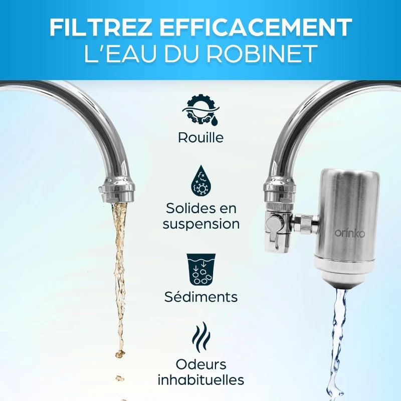 ORINKO Filtre à Eau pour Robinet Universel – Purificateur d’Eau Potable 2L/min Avec Cartouche Remplaçable – Système De Filtration À Charbon Actif Pour Cuisine
