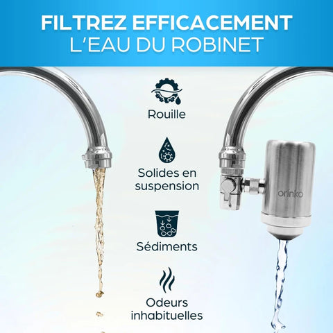 ORINKO Filtre à Eau pour Robinet Universel – Purificateur d’Eau Potable 2L/min Avec Cartouche Remplaçable – Système De Filtration À Charbon Actif Pour Cuisine