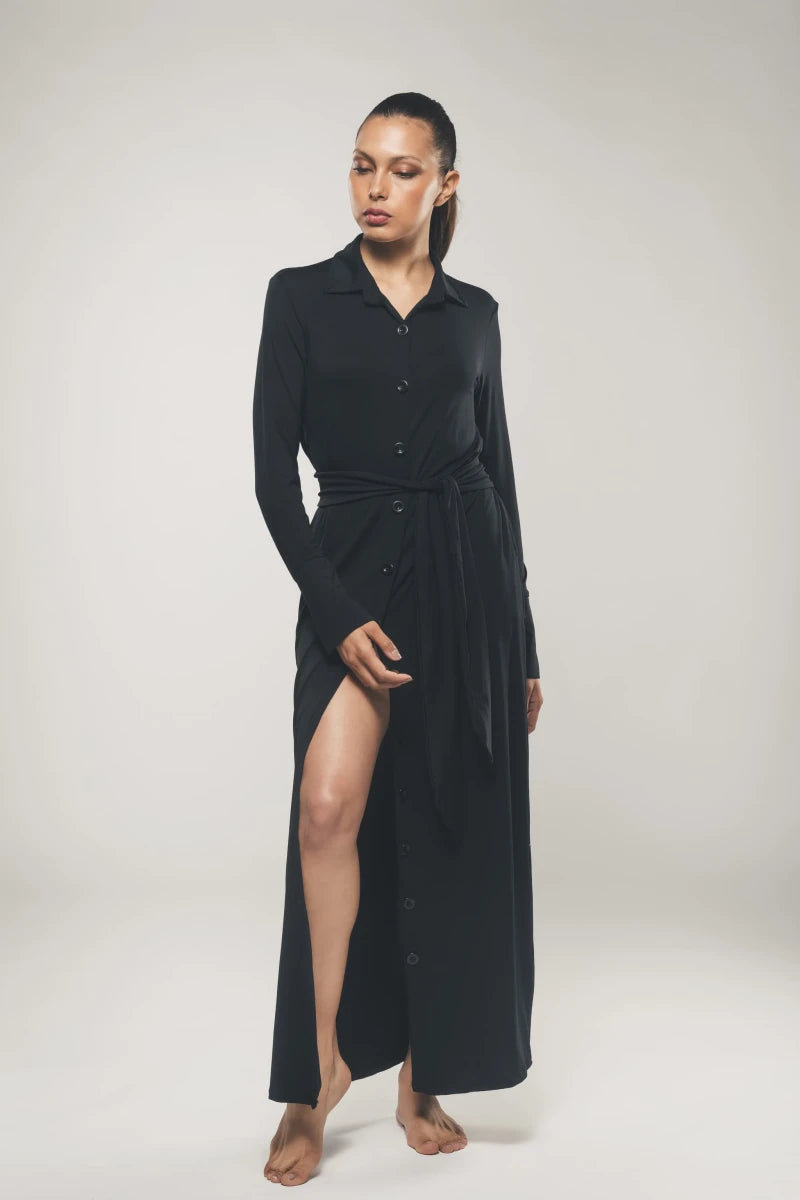 Maxi Longsleeve Shirt Dress in Black - Beatrice