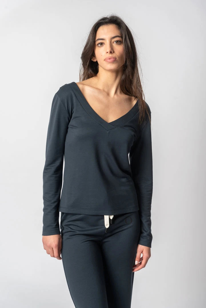 TENCEL™ Lyocell V-Neck Sweatshirt in Blue - Lenora