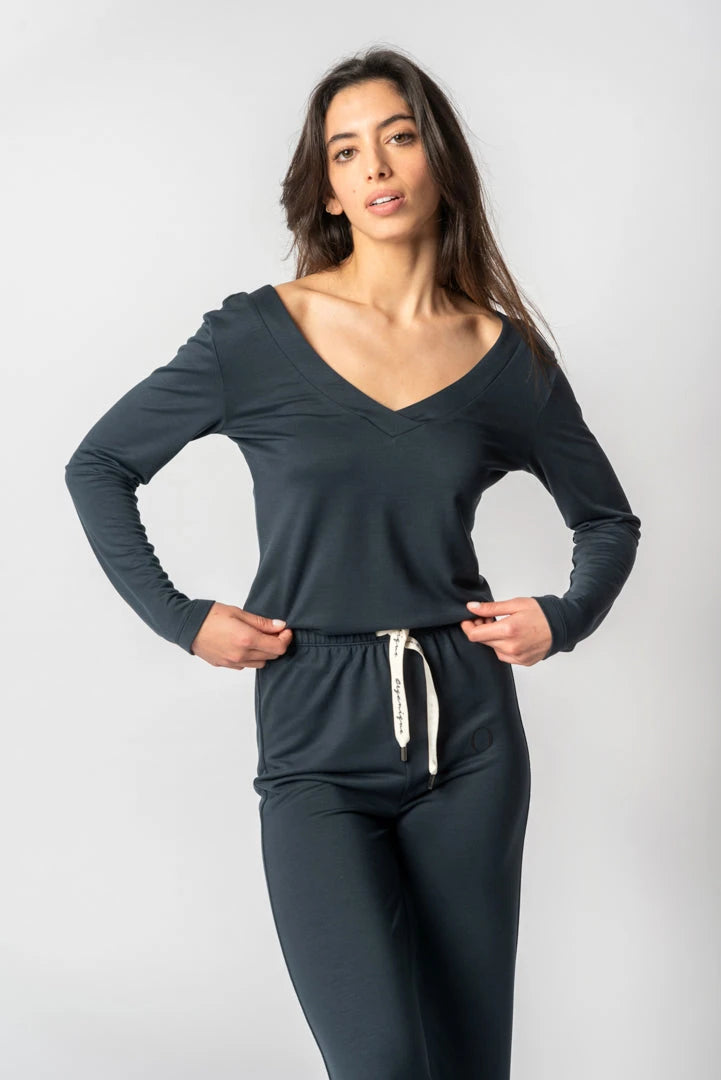 TENCEL™ Lyocell V-Neck Sweatshirt in Blue - Lenora