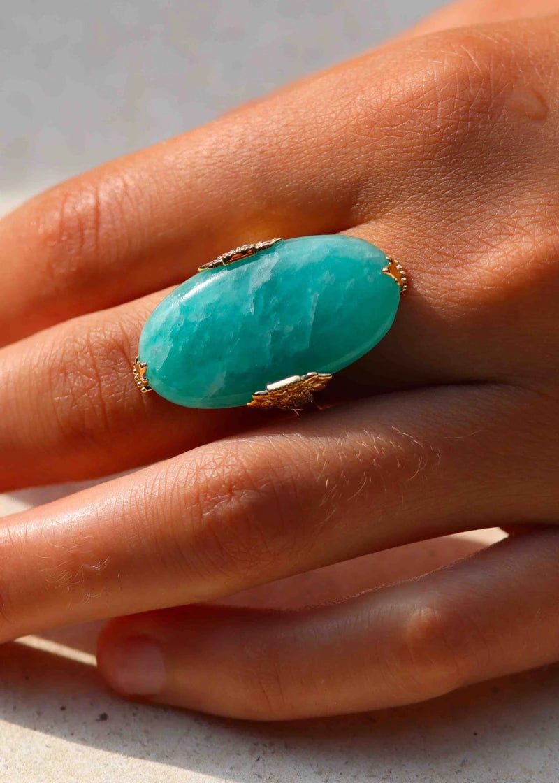 Bague pierre ovale Joséphine plaqué or Amazonite