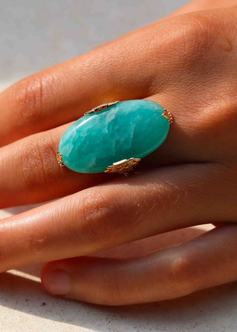 Bague pierre ovale Joséphine plaqué or Amazonite