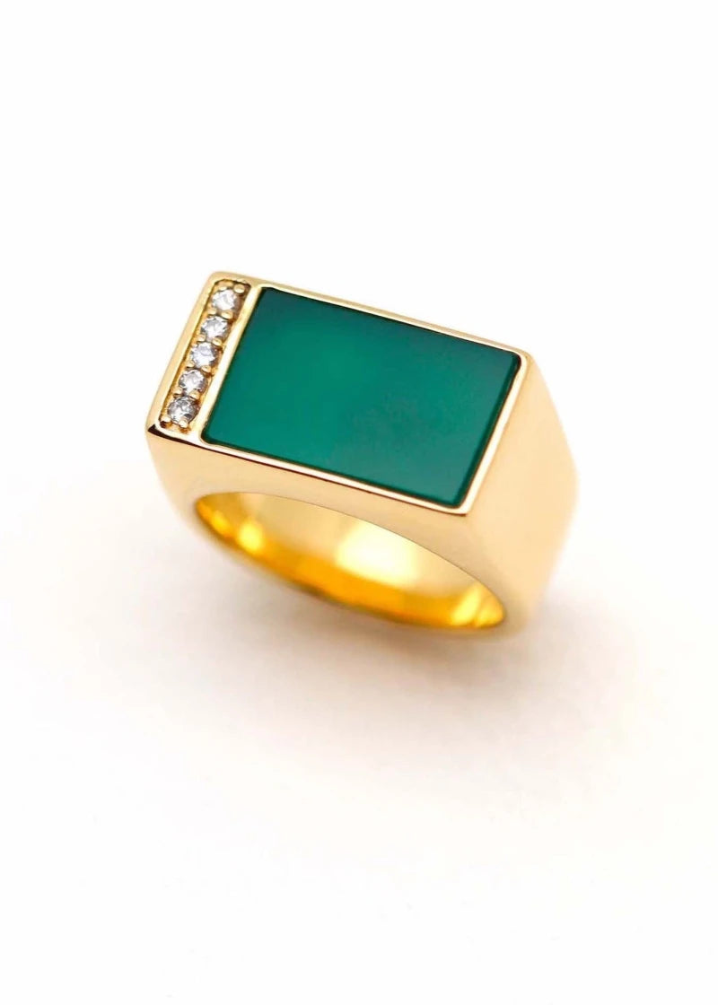 Chevalière femme Augustine plaqué or Onyx vert