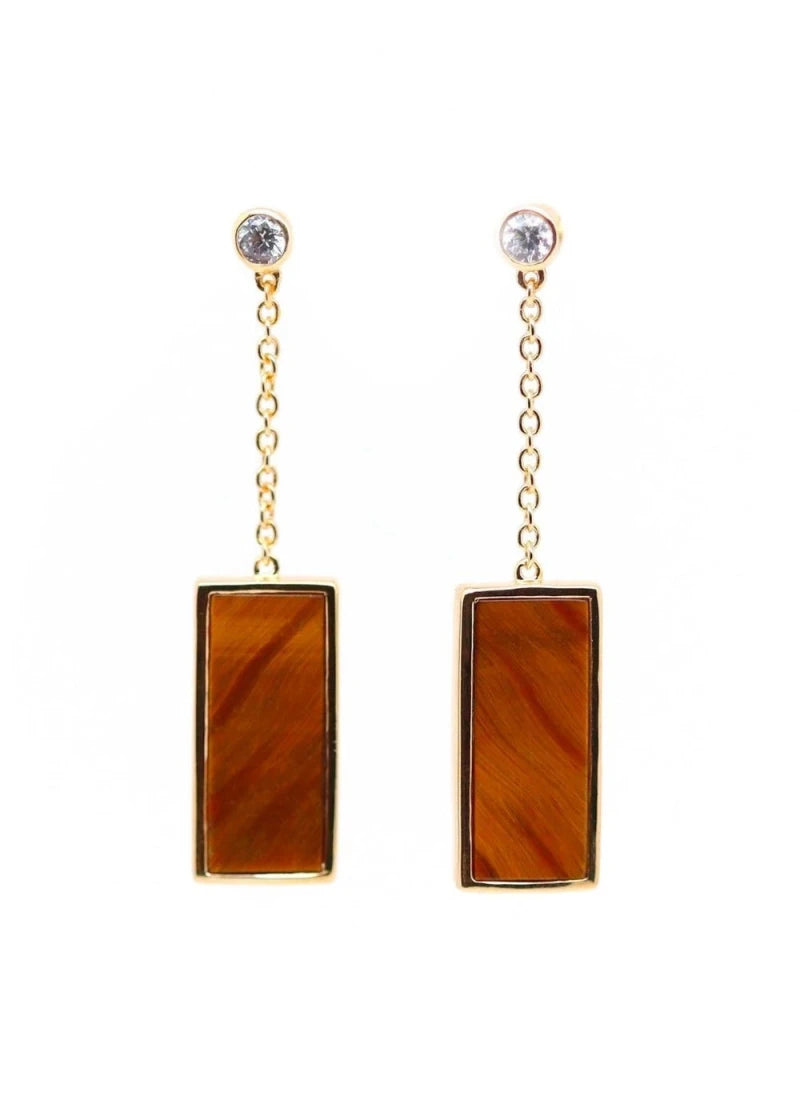 Boucles d'oreilles pendantes Augustine plaqué or Oeil de tigre