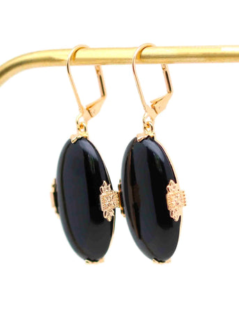 Boucles d'oreilles dormeuses Joséphine plaqué or Onyx noir