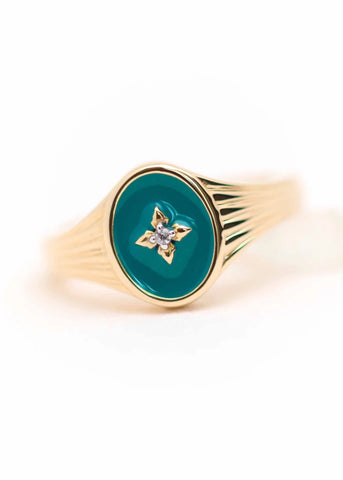Chevalière femme Honorine plaqué or bleu paon