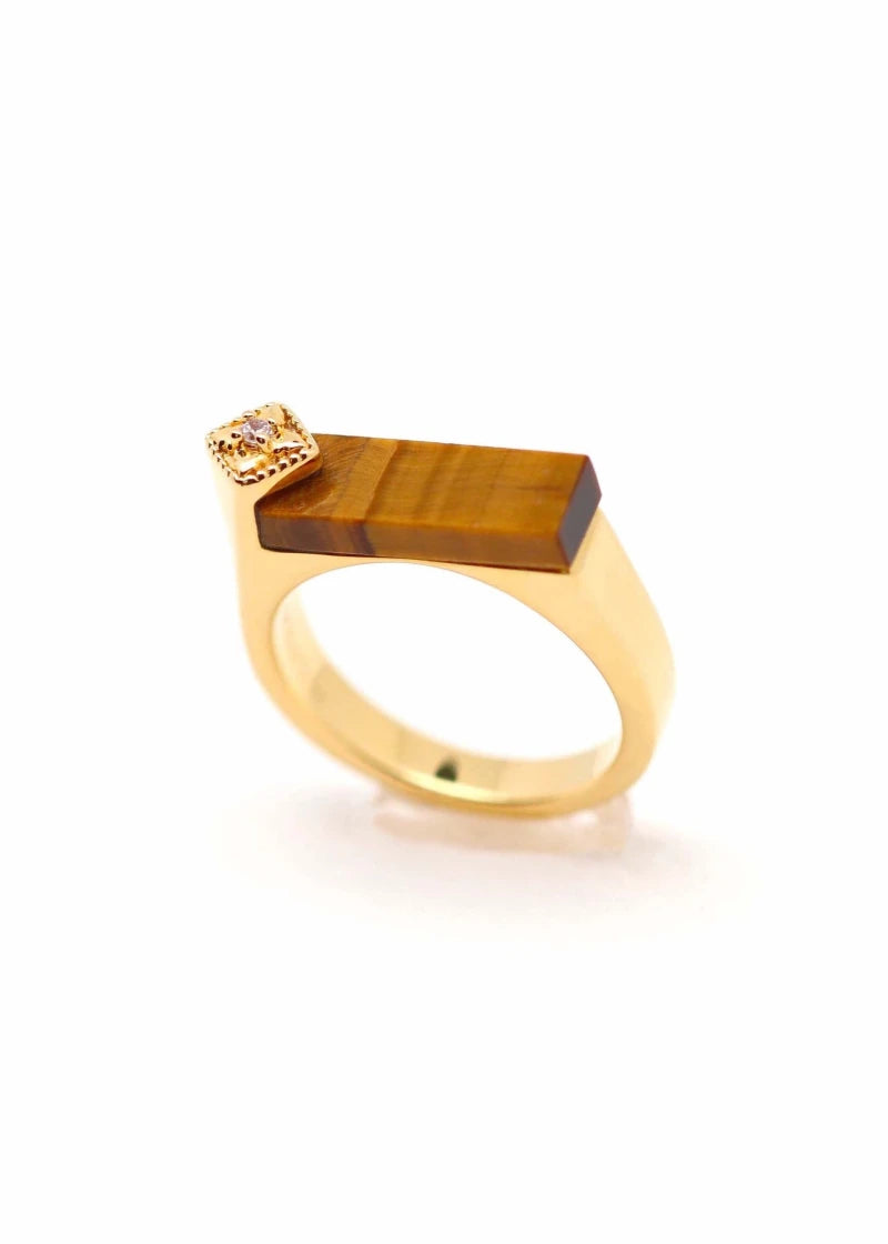 Bague Art Deco Louisette plaqué or Oeil de tigre