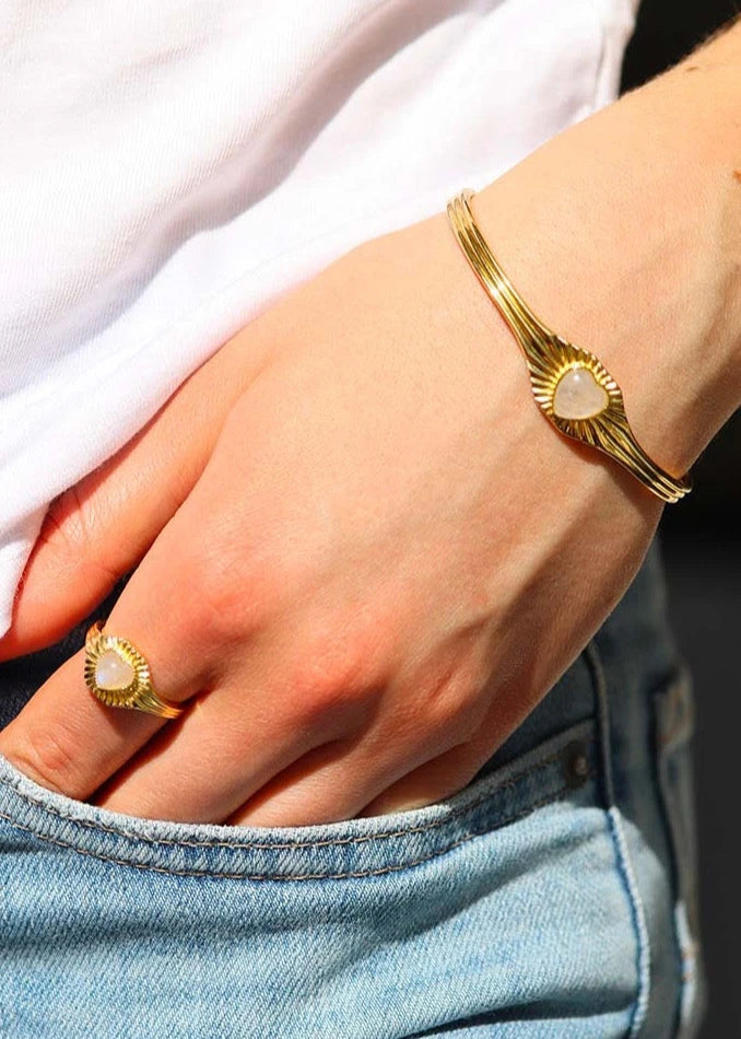 Bracelet jonc femme coeur Lucette plaqué or en Pierre de lune