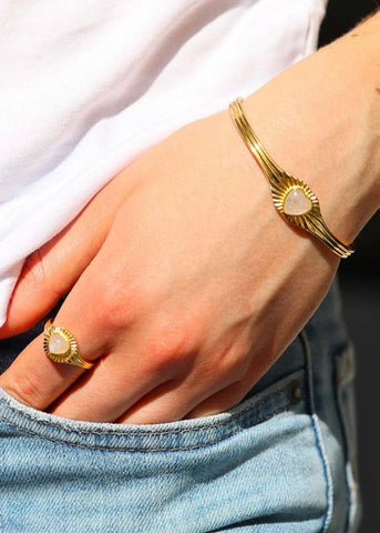 Bracelet jonc femme coeur Lucette plaqué or en Pierre de lune