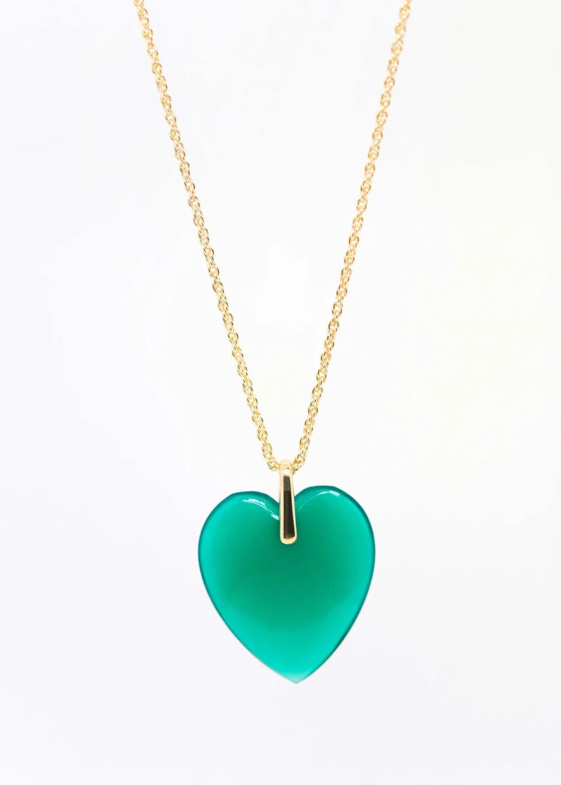 Collier sautoir coeur Charlotte plaqué or Onyx vert