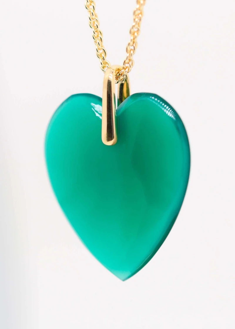 Collier sautoir coeur Charlotte plaqué or Onyx vert