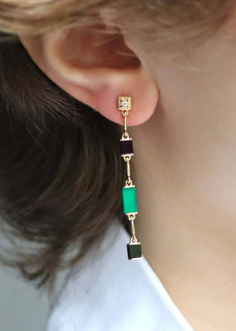 Boucles d'Oreilles asymétriques Louisette plaqué or Onyx vert et noir