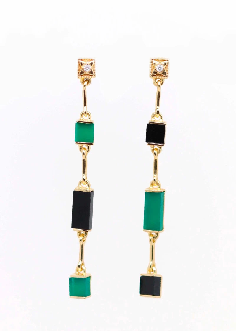 Boucles d'Oreilles asymétriques Louisette plaqué or Onyx vert et noir