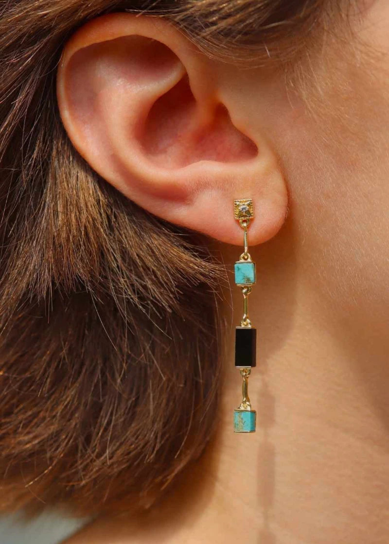 Boucles d'oreilles asymétriques Louisette plaqué or Turquoise et Onyx noir