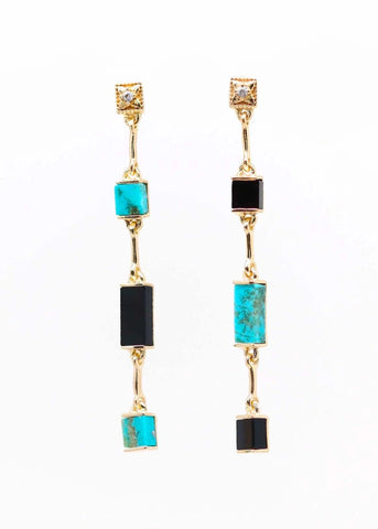 Boucles d'oreilles asymétriques Louisette plaqué or Turquoise et Onyx noir