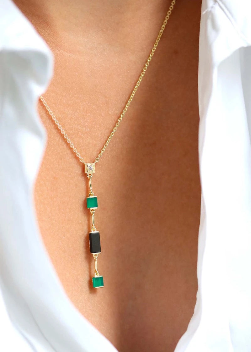 Collier Y Louisette plaqué or Onyx vert et Onyx noir