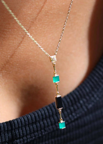Collier Y Louisette plaqué or Onyx vert et Onyx noir