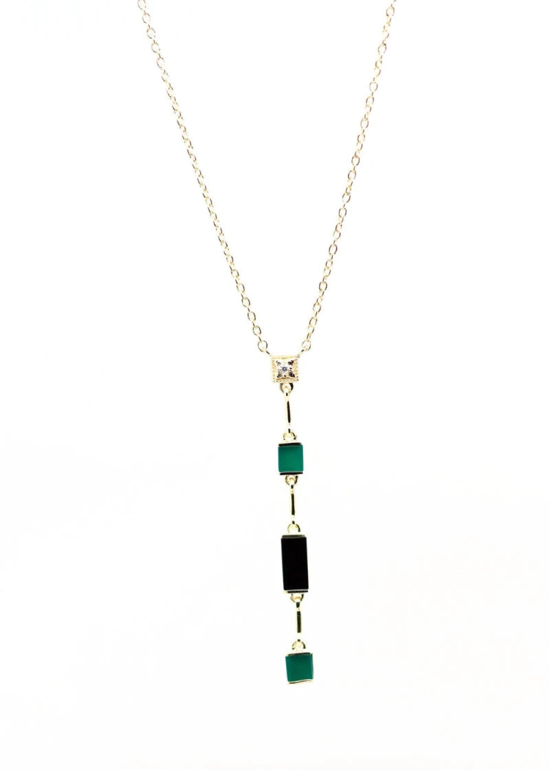 Collier Y Louisette plaqué or Onyx vert et Onyx noir