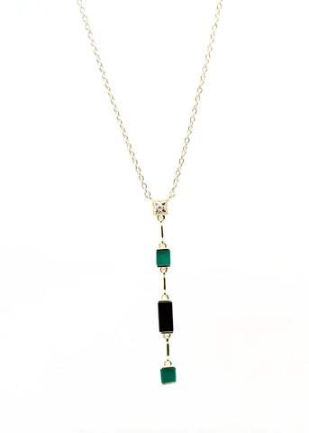 Collier Y Louisette plaqué or Onyx vert et Onyx noir