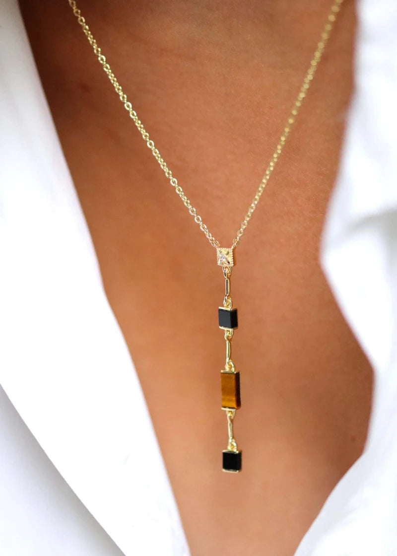 Collier Y Louisette plaqué or Oeil de tigre et Onyx noir