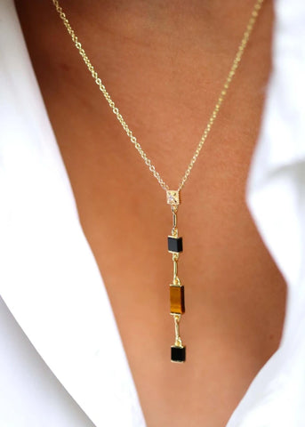 Collier Y Louisette plaqué or Oeil de tigre et Onyx noir