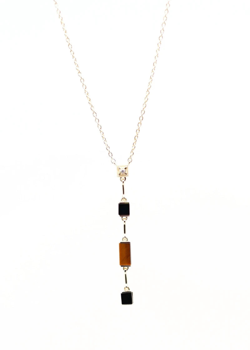 Collier Y Louisette plaqué or Oeil de tigre et Onyx noir
