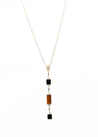 Collier Y Louisette plaqué or Oeil de tigre et Onyx noir