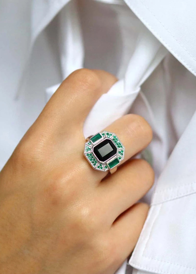 Bague Art Deco Célestine Argent Onyx noir et Onyx vert