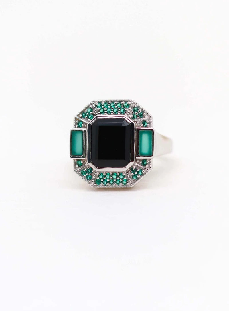 Bague Art Deco Célestine Argent Onyx noir et Onyx vert