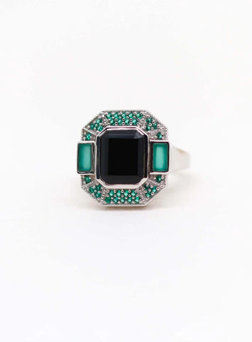 Bague Art Deco Célestine Argent Onyx noir et Onyx vert
