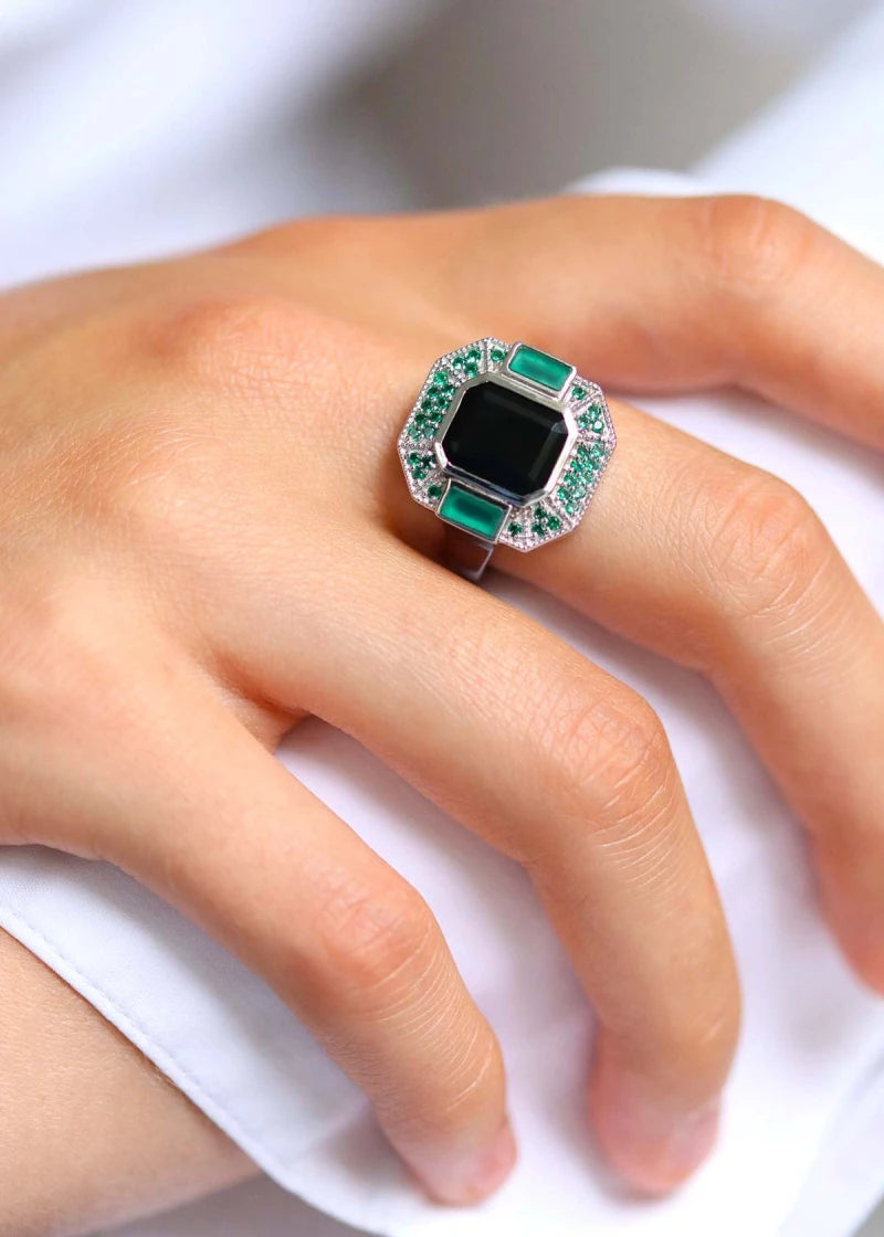 Bague Art Deco Célestine Argent Onyx noir et Onyx vert