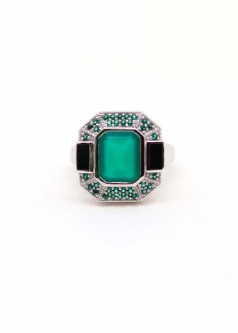 Bague Art Deco Célestine Argent Onyx vert et Onyx noir
